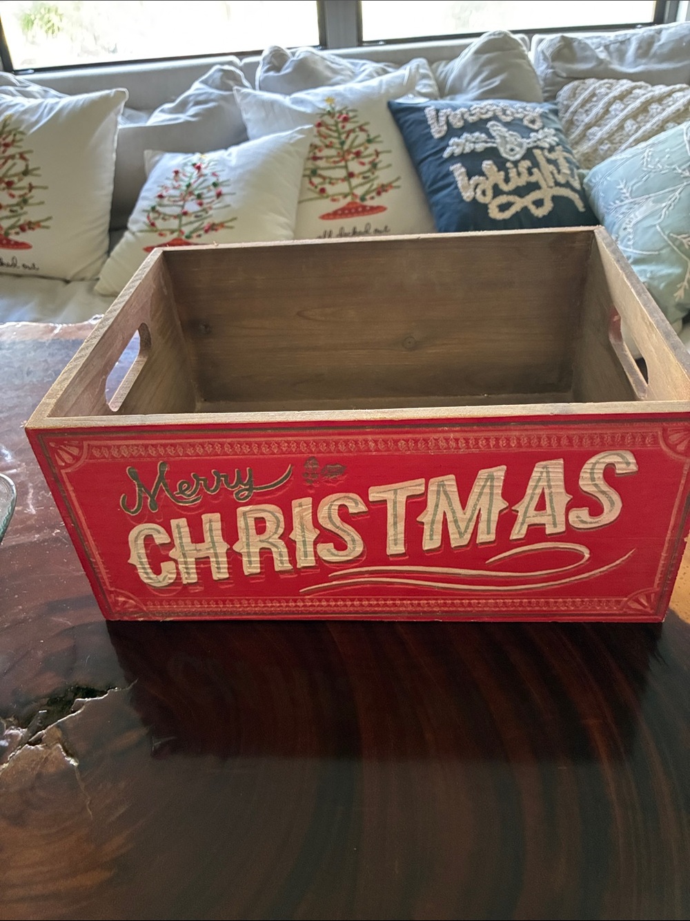 Merry Christmas wooden crate with handles 14”L x 10 1/4” W x 6 1/4” H